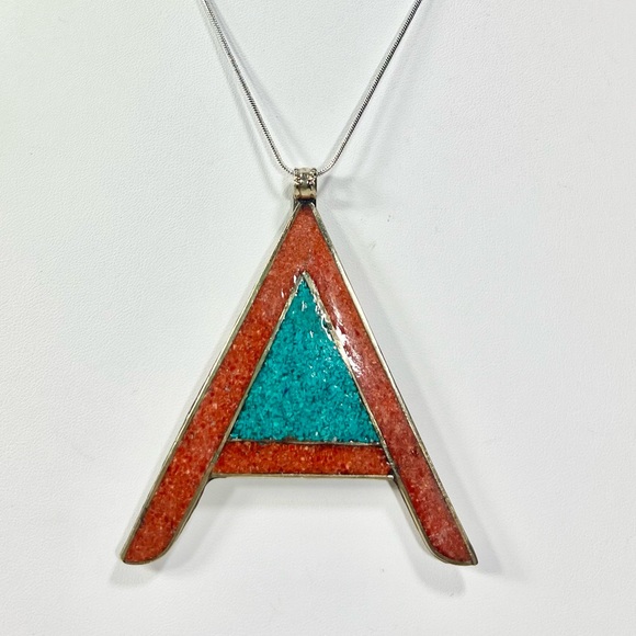 Tibetan Turquoise Coral 925 Large Letter A Initial Pendant - Picture 3 of 8